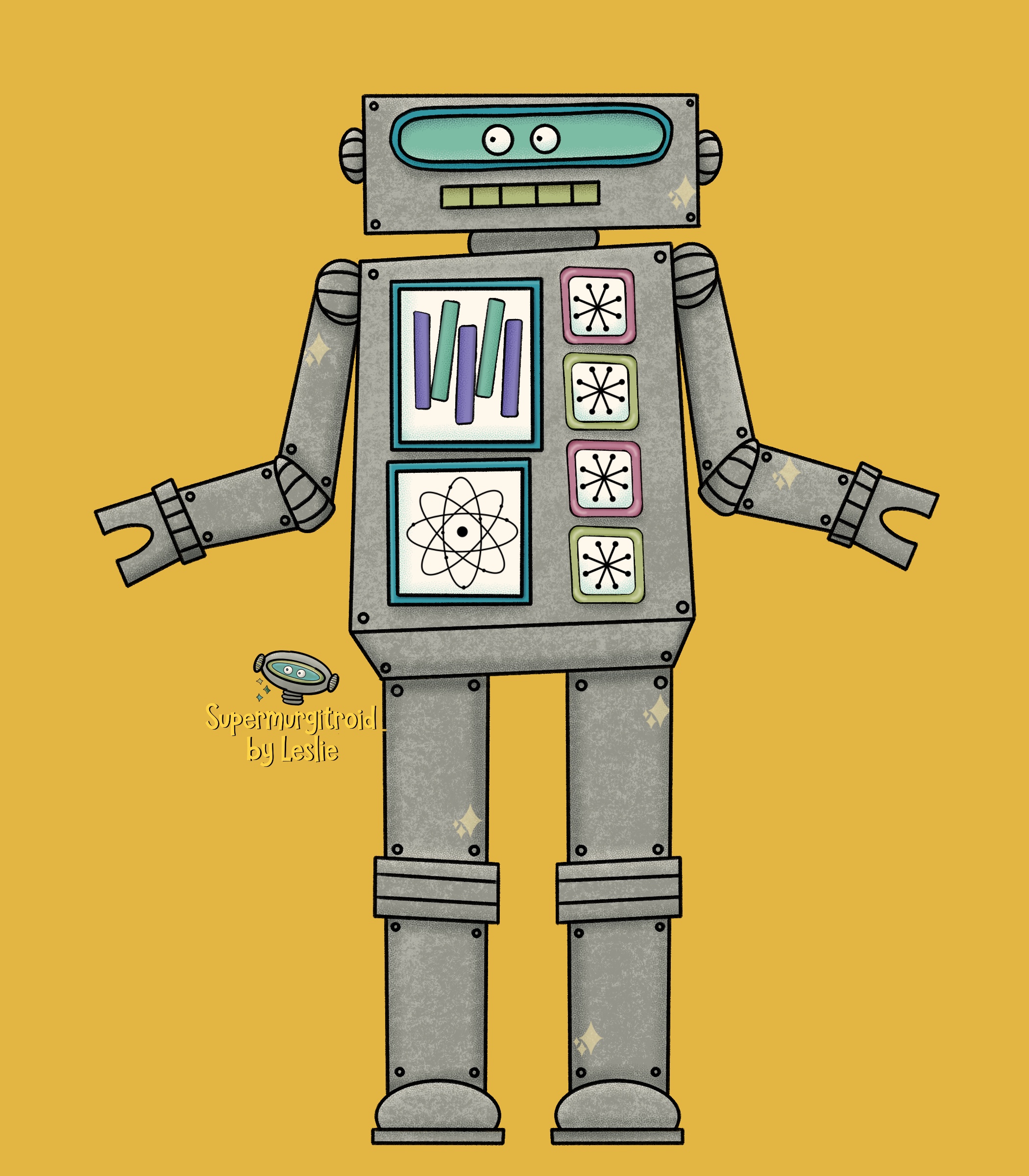Digital illustration of a square robot with mid-century modern motifs on its chest gauges.